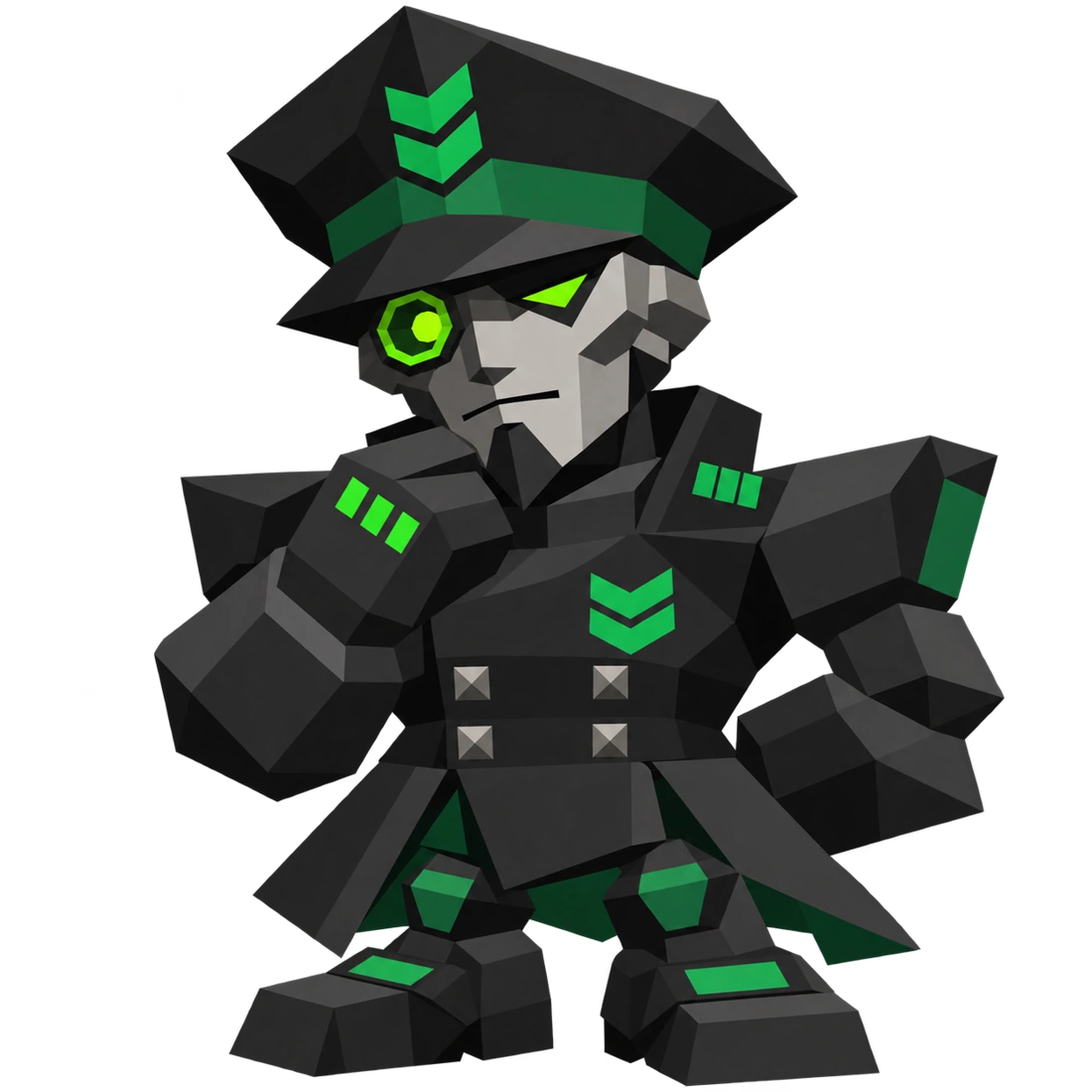 SGI, a chunky polygon robot general with a black peaked cap and a green mechanical eye