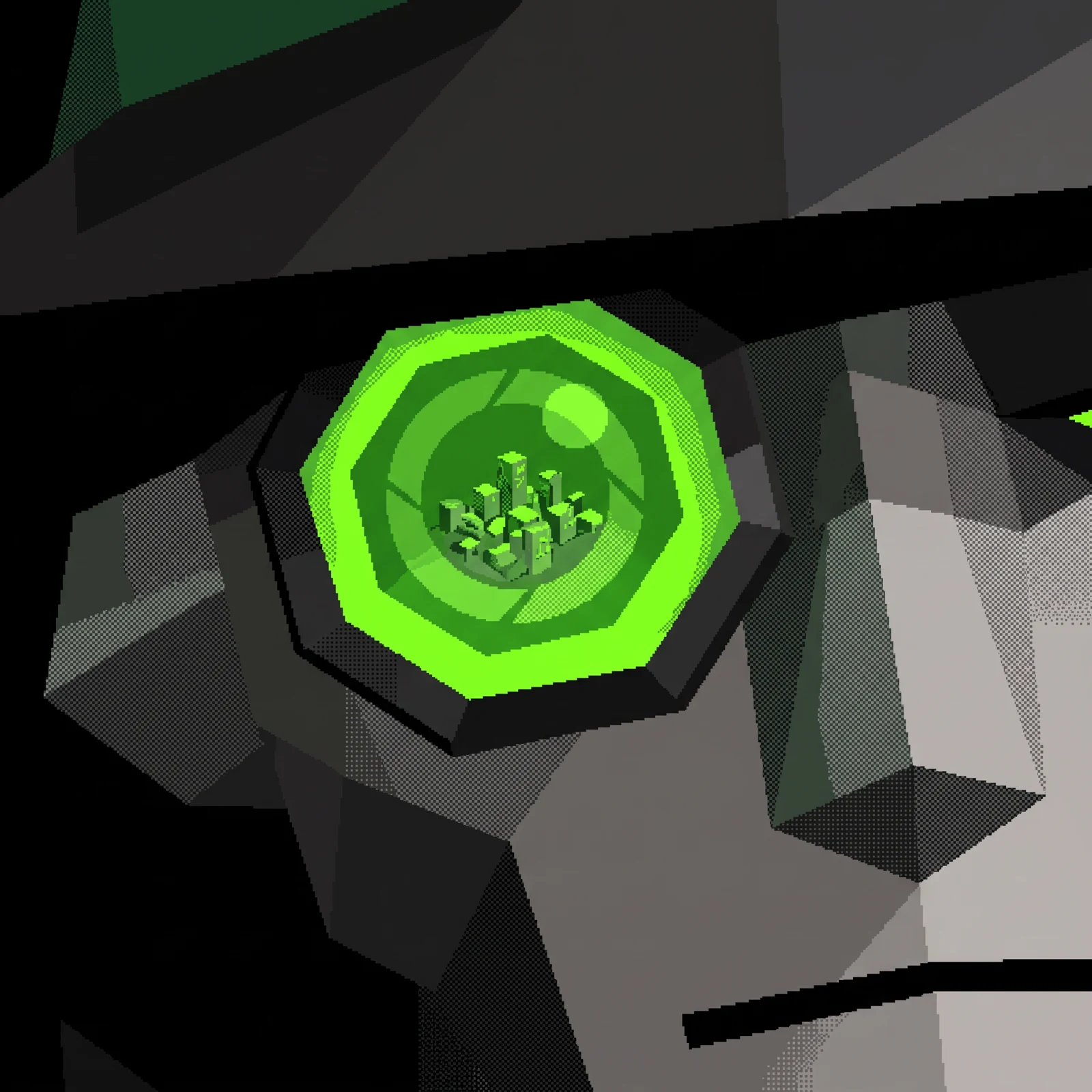 A mechanical green eye reflecting a tiny geometric city